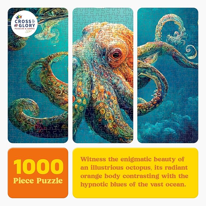 Cross & Glory Jigsaw Puzzles 1000 Pieces - Deep Blue Octopus Odyssey - 1000 Piece Puzzle for Adults | Best New Marine Artwork Ocean Puzzles | Unique Brain Teaser Octopus Puzzle