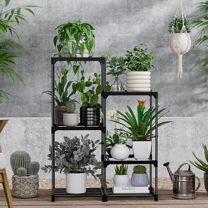 Plant Stand Indoor Outdoor Hanging Plant Shelf for Multiple Plants Pots Metal Flower Stand Flower Holder for Living Room, Patio, Balcony, Garden Decor, Black