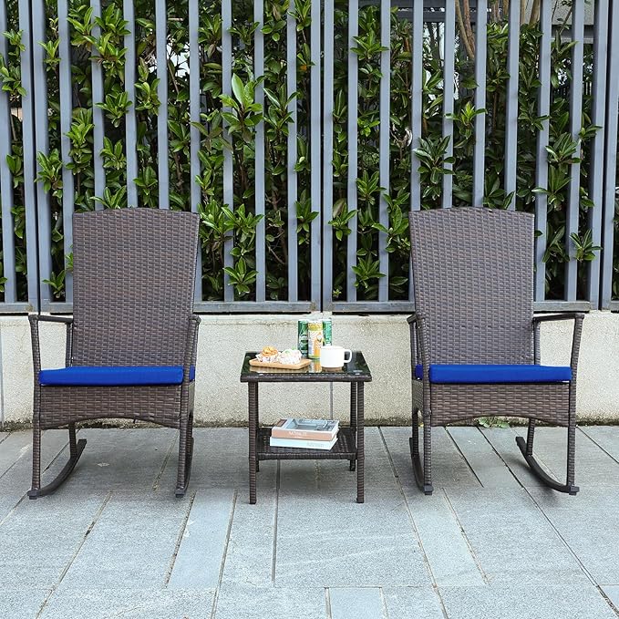 Outdoor Rocking Chairs Set - 3 High-Backed Patio Rockers with Bistro Table & Anti-Slip Cushions, Dark Blue