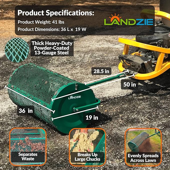 LANDZIE Lawn & Garden Spreaders - 36 Inch Heavy Duty Metal Mesh Basket Push/Tow Spreader - Compost, Peat Moss, Top Soil, Mulch - Durable Lightweight Multi-Purpose Yard Care Equipment - Manure Spreader