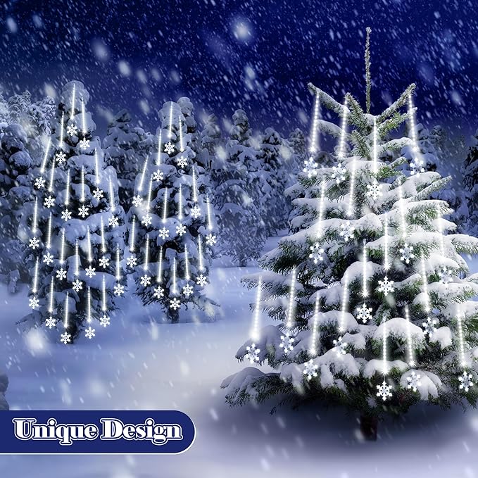 Enhon 2 Pack Meteor Shower Snowflake Lights Outdoor with Timer, Total 480 LED 12in 16 Tube Connectable Waterproof Meteor Rain Drop Christmas Light with Snowflake for Xmas Tree Roof Garden(Cool White)