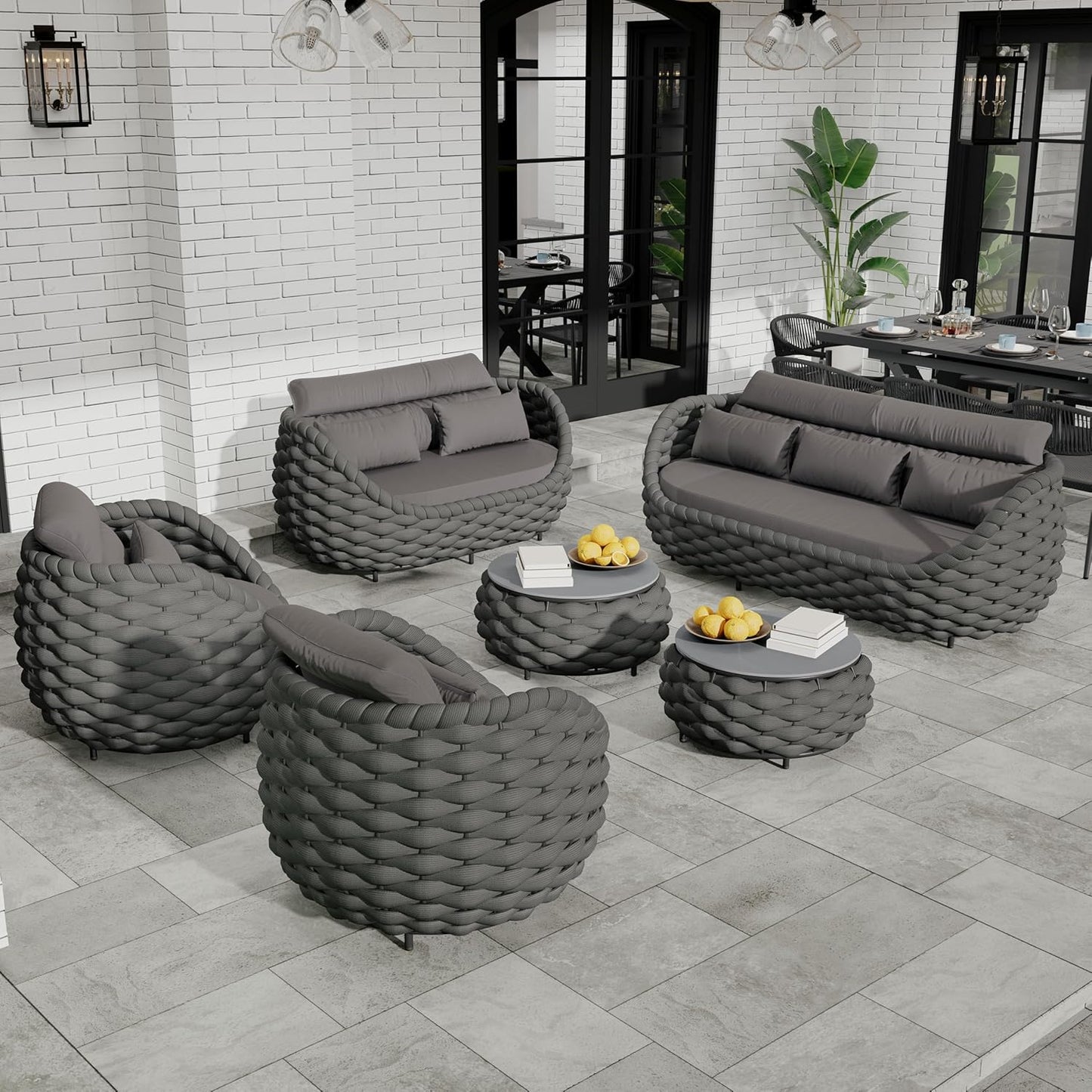 Patio Conversation Deck Furniture Sets: 6-Piece Aluminum Woven Rope Outdoor Sofa Set - Modern Cushions Couch Set - No Assembly Metal Porch Seating for Deck Yard Garden Hotel Resort, Dark Grey