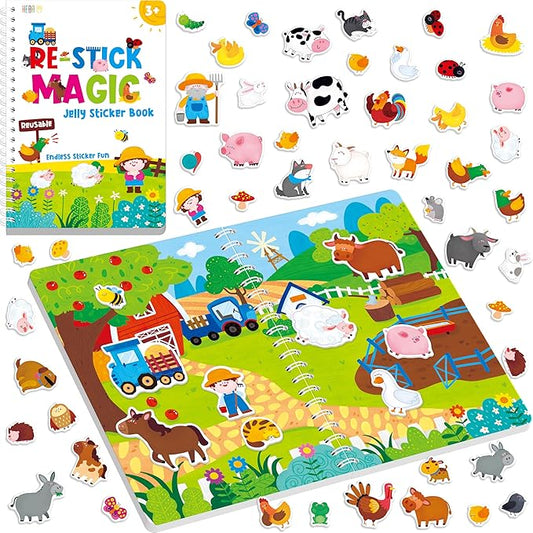 Reusable Jelly Sticker Book, 58 Farm Animals Thick Jelly Stickers Waterproof Gel Cling Decals Farm Themed Busy Book Hands-on Activity Travel Game Educational Learning Toys for Toddlers, Kids