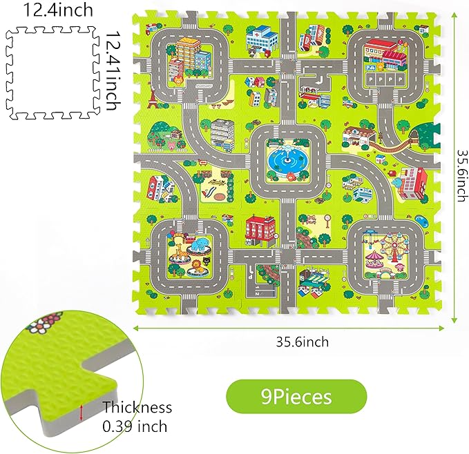 Baby Play Mats for Floor, Foam Play Mat, Interlocking Foam Tiles City Road Track Puzzle Mat 9 Pieces