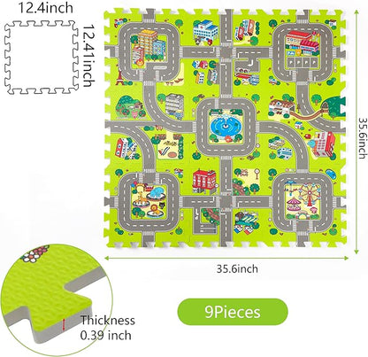 Baby Play Mats for Floor, Foam Play Mat, Interlocking Foam Tiles City Road Track Puzzle Mat 9 Pieces