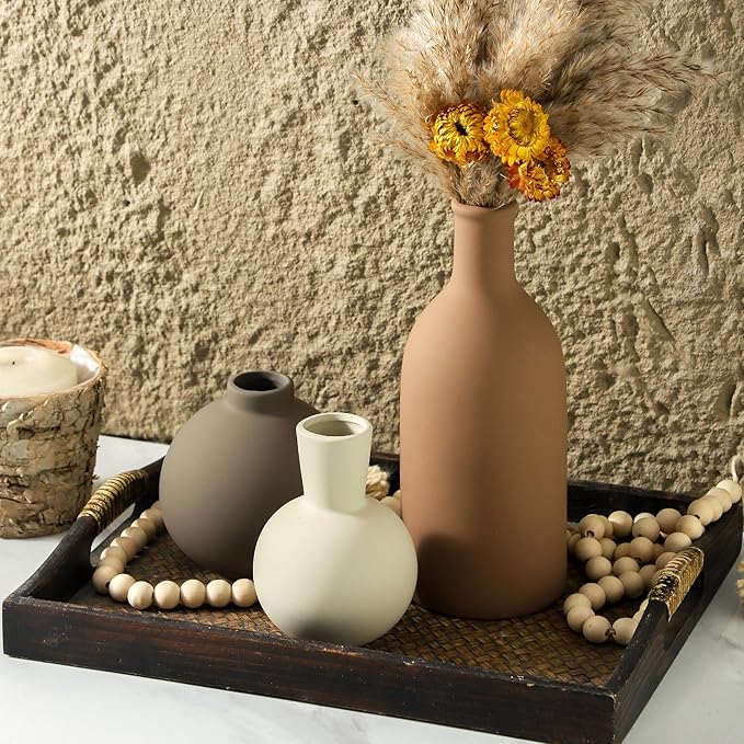 Vase Set of 3 | Ceramic Neutral Vases Home Decor | Rustic Flower Pottery Vases Modern Farmhouse Vase for Table Entryway Mantel Centerpiece Bookshelf Living Room Bathroom Bedroom -Brown Large