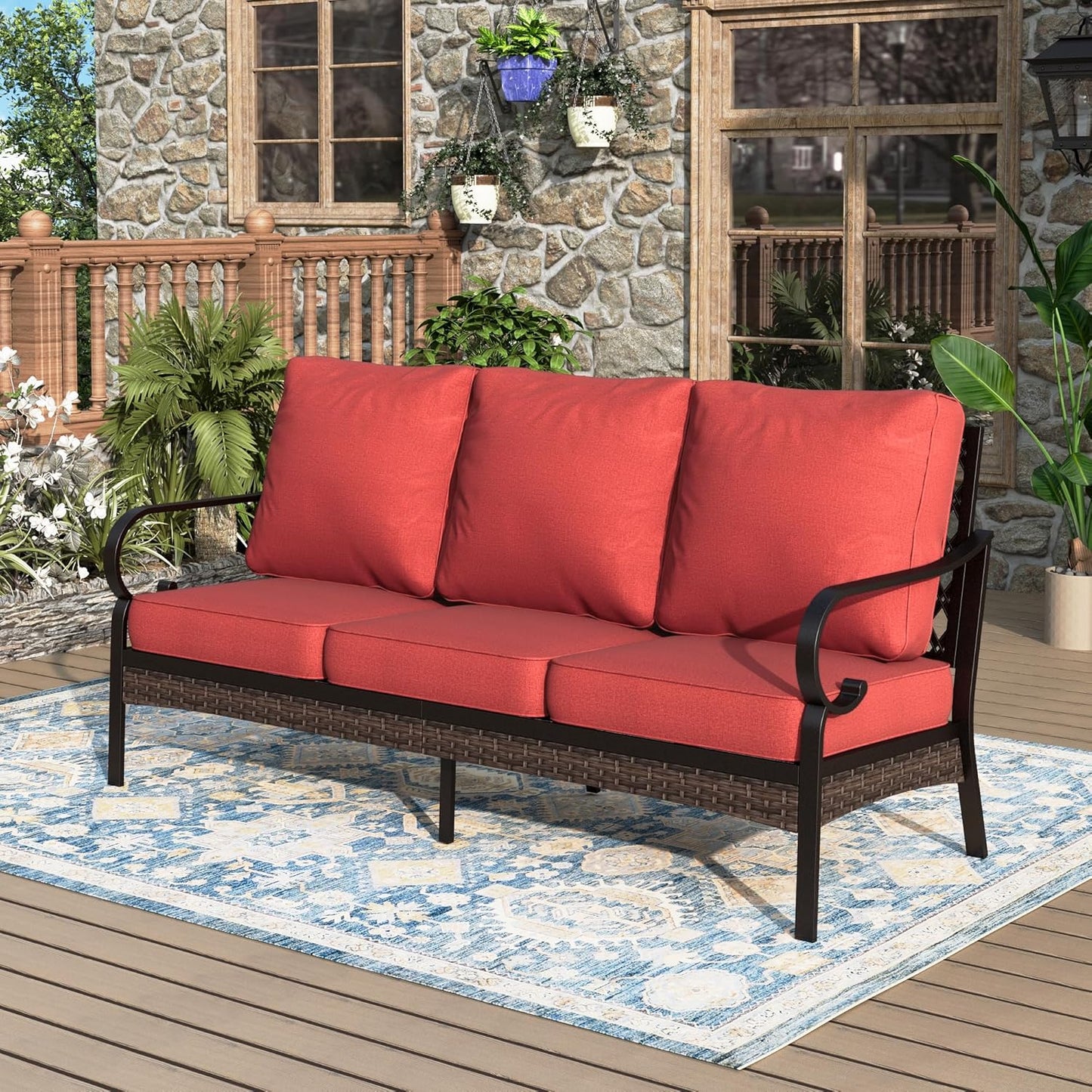Patio Furniture Sofa, 3-Seat Patio Sofa Steel Frame Outdoor Sectional Couch with Deep Seating and 5.75” Cushions for Lawn Backyard Porch Deck, Red