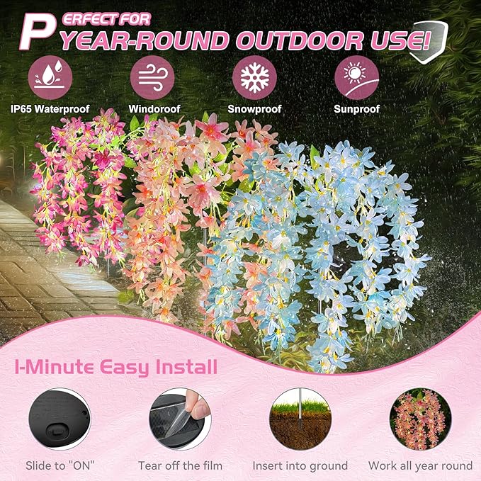 Neporal Solar Flowers Outdoor Waterproof IP65, 5 Lilac Flower Vines with 140+ Flowers, Warm Light & 2 Lightning Modes, 3PK Blue/Pink/Purple Solar Garden Lights Outdoor for Garden, Yard, Pathway Decor