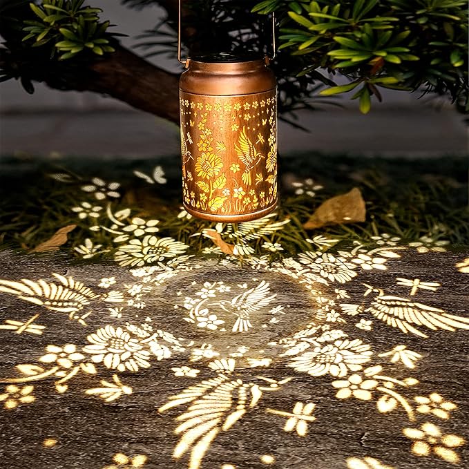 Outdoor Solar Waterproof Lantern Bee Garden Decorative Lights Hanging Solar Lights for Patio, Balcony, Backyard, Porch as Gift for Mom and Grandma (Hummingbird Flowers)