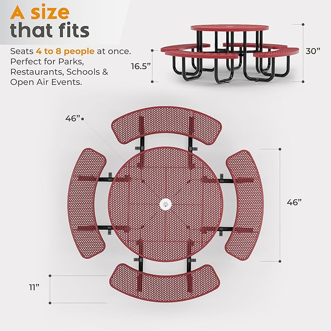 Metal Picnic Tables for Outdoors with Umbrella Hole - Coated Steel Heavy Duty Commercial Grade Table with Adjustable Seats (Red, 46 in, Round, Expanded Steel)