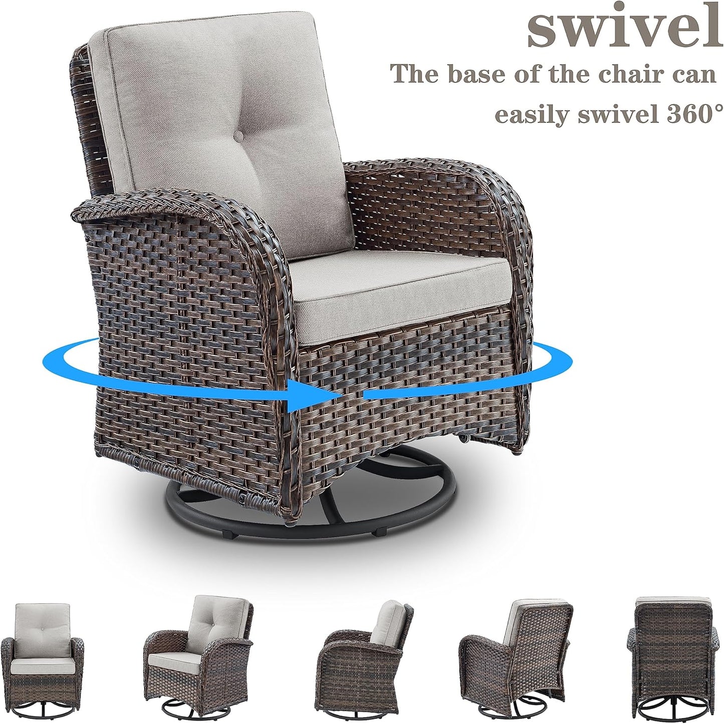 Small Conversation Sets Patio Funiture - 5 Piece Outdoor Swivel Rocker Wicker Furniture Sets with Ottomans Side Table Perfect for Patio Deck Backyard, Brown Wicker Beige Cushion