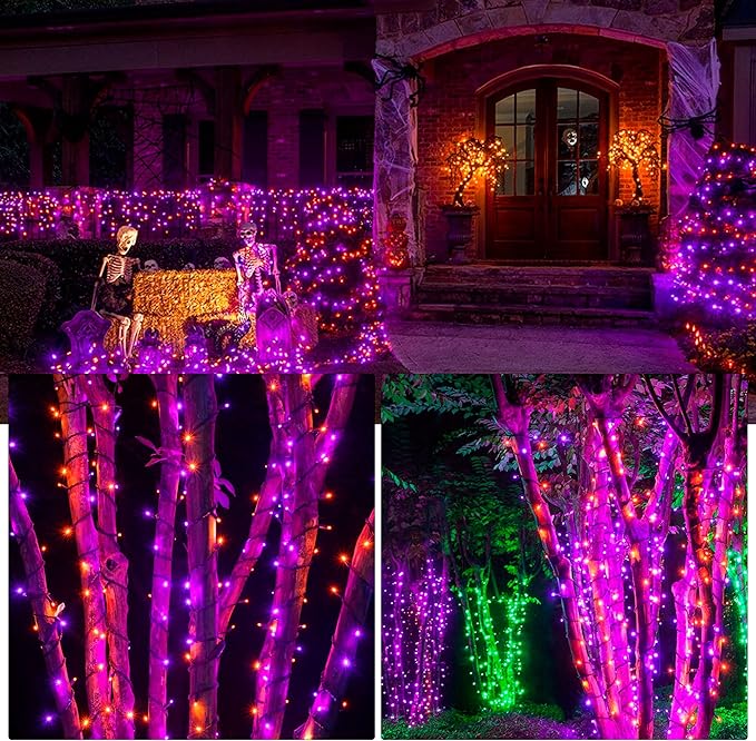 FUNPENY 164FT 500 LED Halloween Lights, 8 Modes Waterproof Plug in String Lights for Halloween Indoor Outdoor Yard Party Wedding Garden Home Decorations (Purple & Orange)