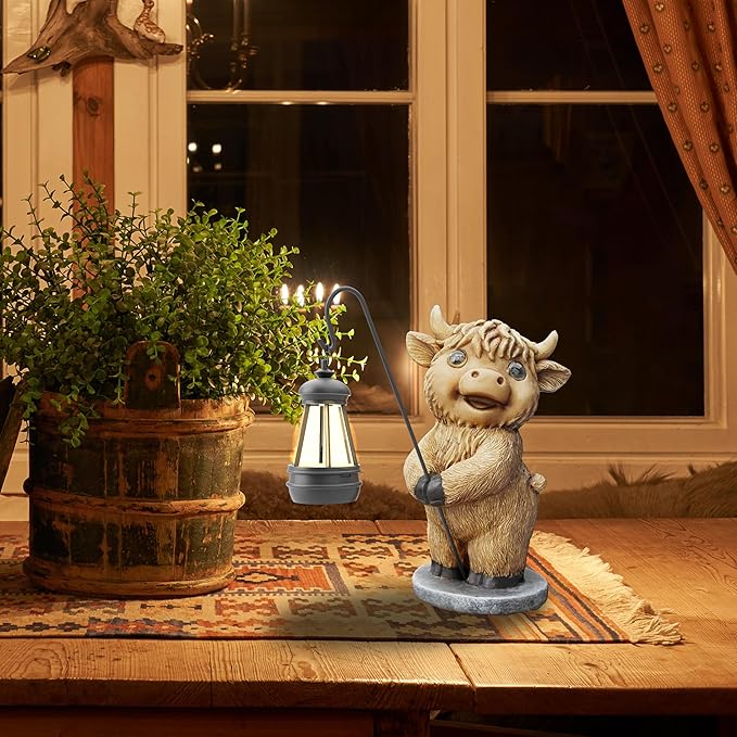 Highland Cow Statues with Solar Lights, Highland Cow Resin Figurine Lights, Highland Cow Ornaments for Patio, Balcony, Indoor Decoration and as Gifts