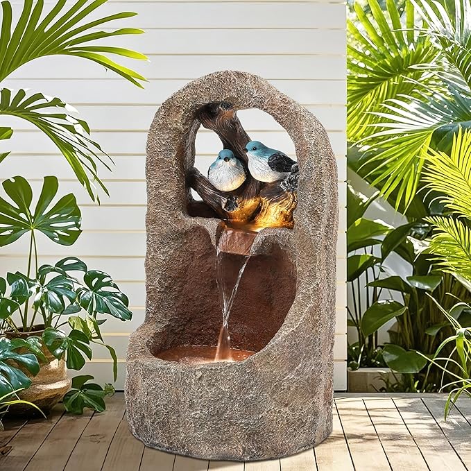 27" Outdoor Water Fountain with LED Lights,2-Tier Bird Natural Zen Garden Fountain, Relaxing Waterfall Floor, Yard, Porch or Deck Decor, Whether-Resistant, Faux Granite Texture