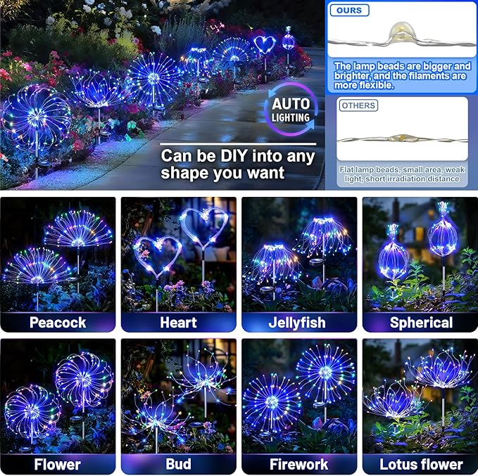 Anordsem Solar Lights Outdoor Waterproof: Garden Light Solar Powered for Yard Outside - Fireworks Lamp Colorful Lighting Patio Decor 4 Pack - LED Sparkler DIY Decorating Gifts for Women Gardener