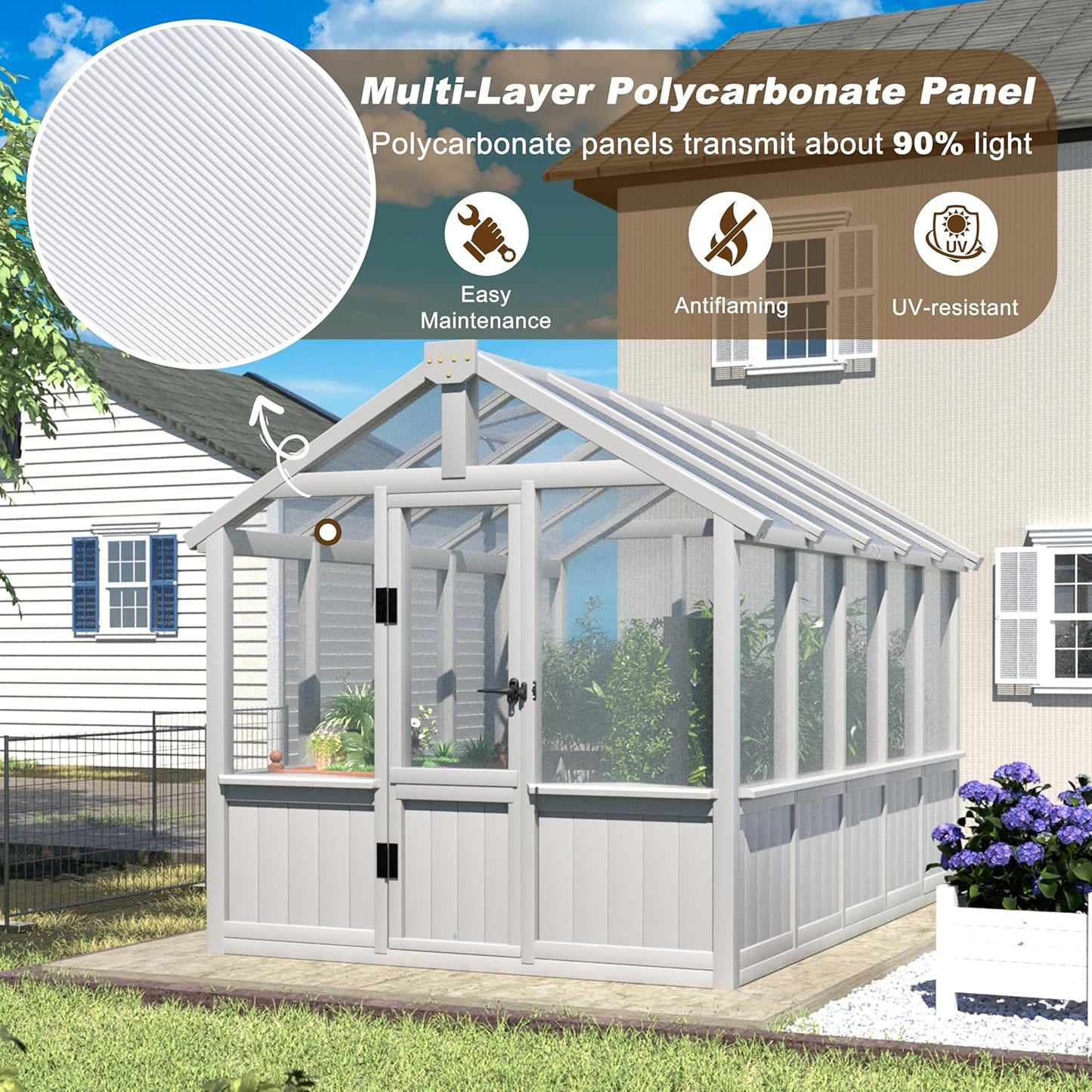 BlueWish 6x10 FT Greenhouse for Outdoors, Walk-in Green House with Cedar Frame, Adjustable Vent, Wood Greenhouses with 6MM Polycarbonate Panel, Greenhouse for Outside, Garden, Backyard, White