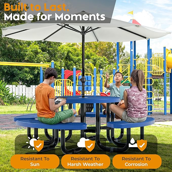 Metal Picnic Tables for Kids for Outdoors with Umbrella Hole - Coated Steel Heavy Duty Commercial Grade Table with Adjustable Seats (Blue, 38 in, Kids, Expanded Steel)