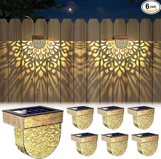 Solar Fence Lights 6 Pack Solar Deck Lights Outdoor Waterproof LED Solar Powered Step Lights Wall Lights Outdoor Decorations Warm Yellow Light Decorative Lighting for, Front Door, Backyard (Gold)
