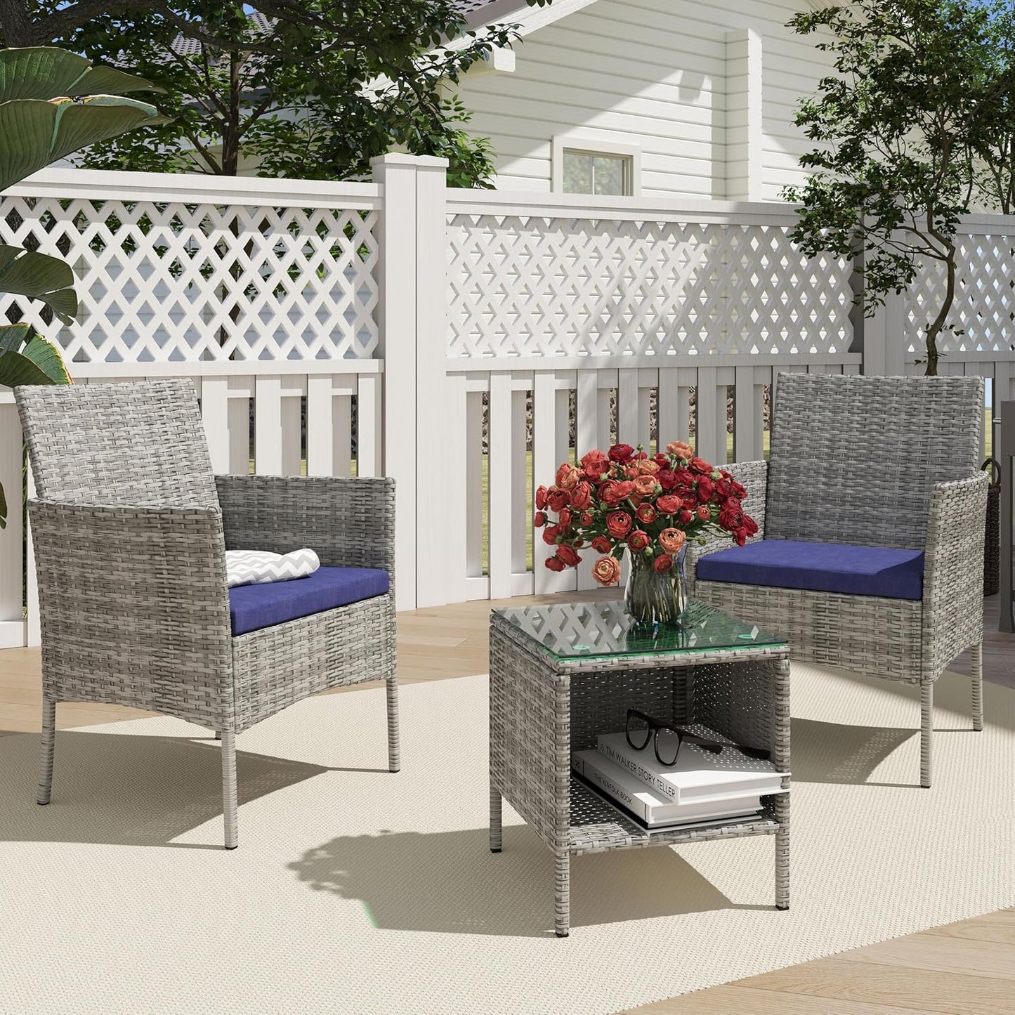 3 Piece Patio Furniture Set - Outdoor Conversation Sets with Coffee Table, Rattan Chair Set for Garden/Poolside, Grey/Navy Blue
