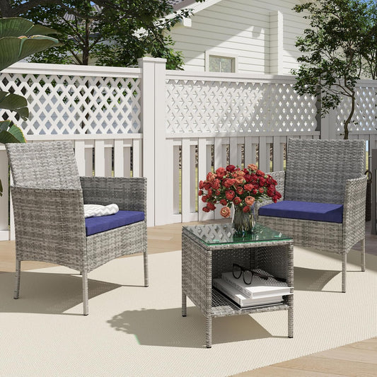 3 Piece Patio Furniture Set - Outdoor Conversation Sets with Coffee Table, Rattan Chair Set for Garden/Poolside, Grey/Navy Blue