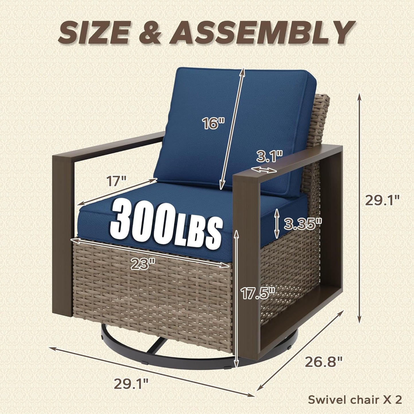 Outdoor Swivel Patio Metal Chairs Set of 2 - Porch Furniture 2 Pieces 360 Degree Glider Rockers Rattan Chairs with Washable Cushion & Metal Steel Rectangular Framed Armrest, Dark Blue