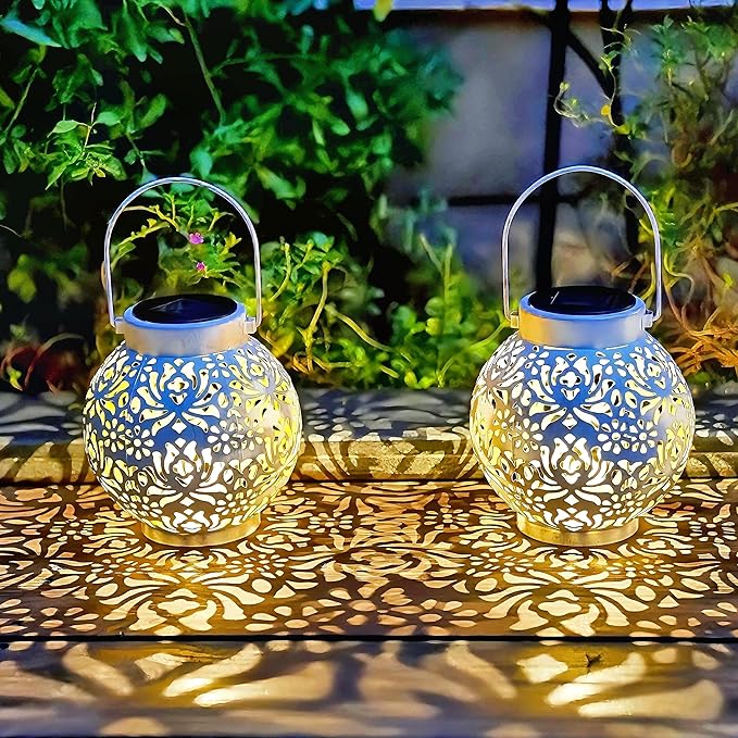 Set of 2 Outdoor Solar Hanging Lantern Lights Metal LED Decorative Lamp for Garden Patio Courtyard Lawn and Table with Hollowed-Out Design (White)