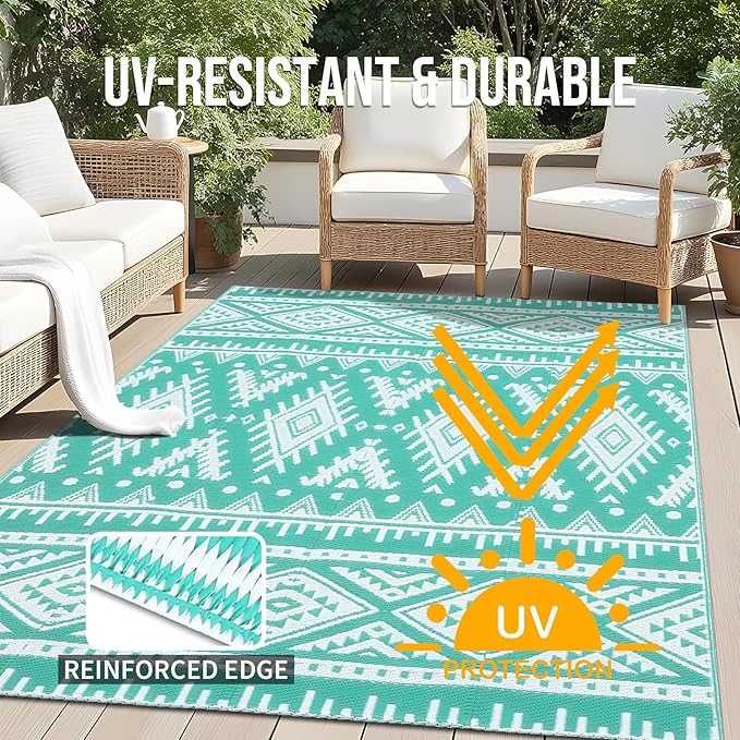 OLANLY Outdoor Rug Waterproof 5x8 ft, Reversible Outdoor Plastic Straw Rug, Boho Patio Rug, Indoor Outdoor Carpet, RV Mat Outside for Patio, Camp, Picnic, Balcony, Deck, Backyard, Turquoise & White