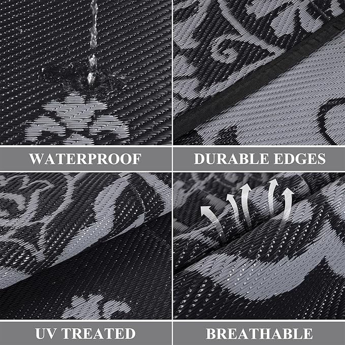 Pauwer Waterproof Outdoor Rug 8x10, Reversible Plastic Straw Patio Camping Rug, Indoor Outdoor RV Mat Carpet for Deck, Camper, Porch, Balcony, Backyard, Picnic, Boho Black Grey