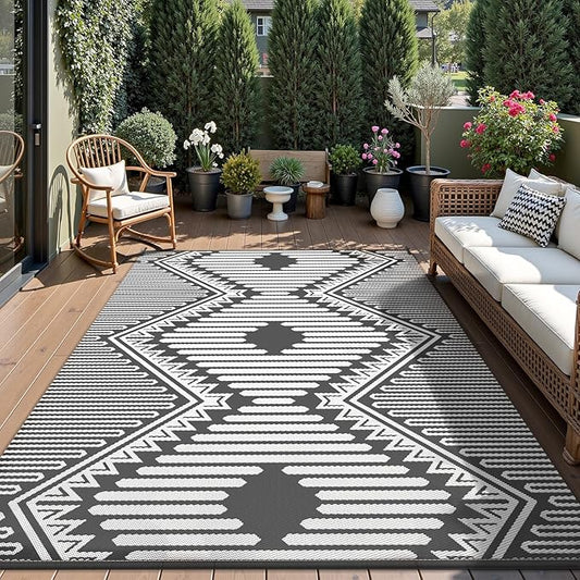 MontVoo Outdoor Rug-Waterproof Camping Rug Patio Rug Mat 6x9 Reversible Plastic Straw Outside Outdoor Rug for RV Camping Picnic Beach Balcony Backyard Pool Deck Porch Modern Boho Grey