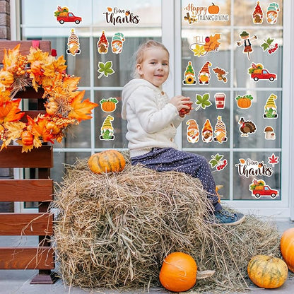 Ferraycle 21 Pcs Thanksgiving Fall Window Gel Clings Autumn Window Gel Clings Turkey Pumpkin Gnome Scarecrow Maple Leaves Decor Stickers Decals for Classroom Harvest Party Decor