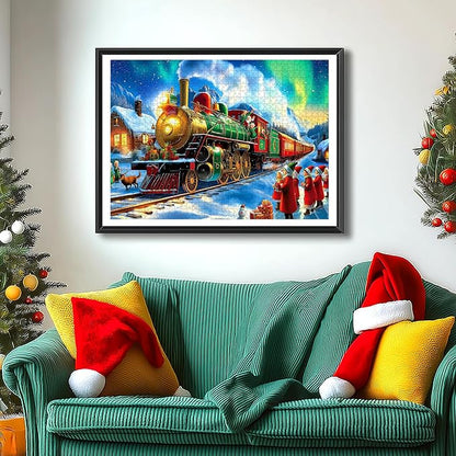 Christmas Train 1000 Piece Puzzle for Adults - Vintage Winter Holiday Jigsaw Puzzles with Northern Lights Scene - Challenging Adult Christmas Puzzles for Game Night, Seasonal Decor