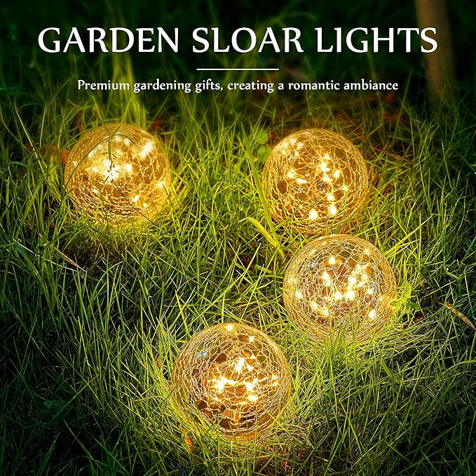 Honoson 3.9 Inch Solar Globe Lights Outdoor Waterproof, Solar Balls for Garden Cracked Glass Ball, Ground Landscape Garden Decor for Patio and Yard Lawn Backyard (4 Pieces)