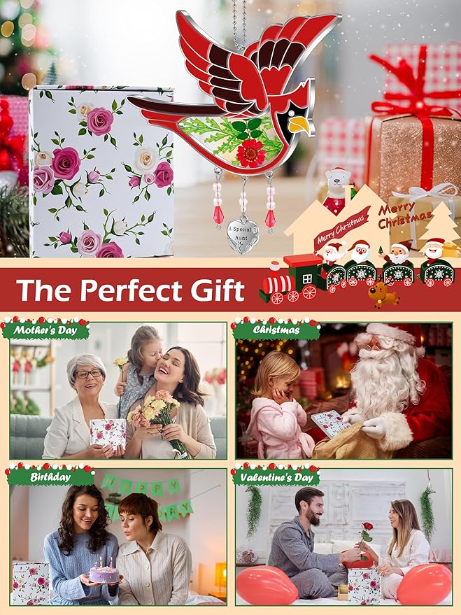 KY&BOSAM Cardinal Suncatcher A Special Aunt Had-Painted with Pressed Real Flower Wings Mother's Day Glass Hanging for Window Ornament with Metal Heart Charm Birthday Gift for Women Unique