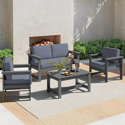 SERWALL 4 Pieces HDPE Outdoor Sofa Set with Cushion, All Weather Use Conversation Couch Set, Outdoor Loveseat Social Furniture with Coffee Table and Cushions, Grey Frame with Grey Cushions
