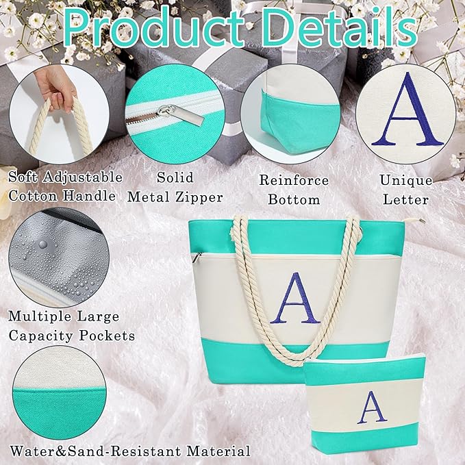 YOOLIFE Beach Bags for Women - Initial Tote Waterproof Bag with Makeup Bag, Mothers Day Gifts for Women Mom Friend Birthday