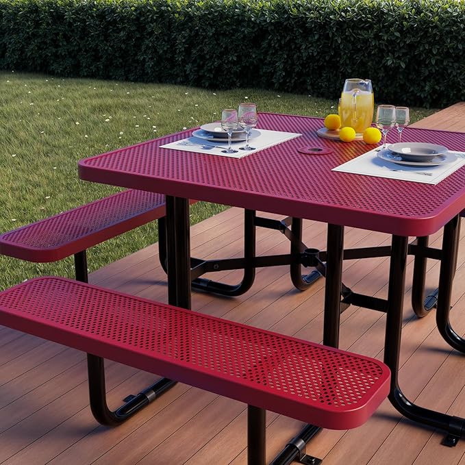 Metal Picnic Tables for Outdoors with Umbrella Hole - Coated Steel Heavy Duty Commercial Grade Table with Adjustable Seats (Red, 46 in, Square, Punched Steel)