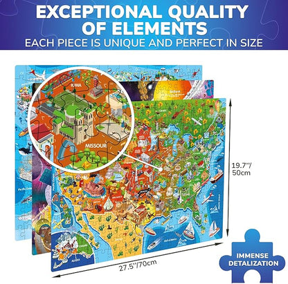 QUOKKA Puzzles for Adults 1000 Pieces - 3 Set Floor Puzzles for Kids Ages 8-10 - Learning Map of The United States World Space - Educational Games for Kids 6-8 - Toys for 12 Year Old Boys and Girls