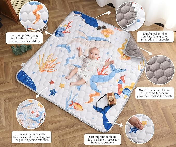 Baby Play Mat 50x50 Inch, Thickened Soft Floor Mat for Playpen, Machine Washable Foam Crawling Mat with Non-Slip Bottom for Babies and Toddlers, Foldable Padded Playmat