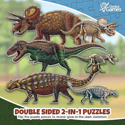 Tyrannosaurus Rex, Triceratops and Ankylosaurus Dinosaur Puzzle Bundle | 100-Piece Each with Glow-in-The-Dark Skeleton On Other Side | 4 FT Scientifically Accurate Dino Illustration