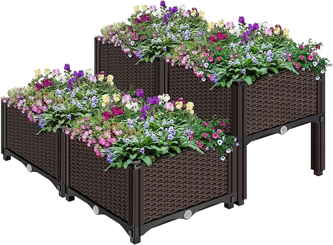 VIVOHOME 4 Packs Elevated Plastic Raised Garden Bed Planter Kit, Outdoor Planters Above Ground Flower Vegetable Standing Box for Patio Deck Porch W/Drainage Holes