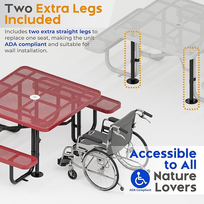 Metal Picnic Tables for Outdoors with Umbrella Hole - Coated Steel Heavy Duty Commercial Grade Table with Adjustable Seats (Red, 46 in, Square, Punched Steel)