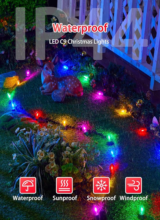 Vintage C9 LED Christmas Lights Outdoor, 50 Feet C9 String Lights with 50 Colored Shatterproof Bulbs, Connectable Waterproof Lights for Holiday Party Roofline Backyard Garden Patio, Green Wire