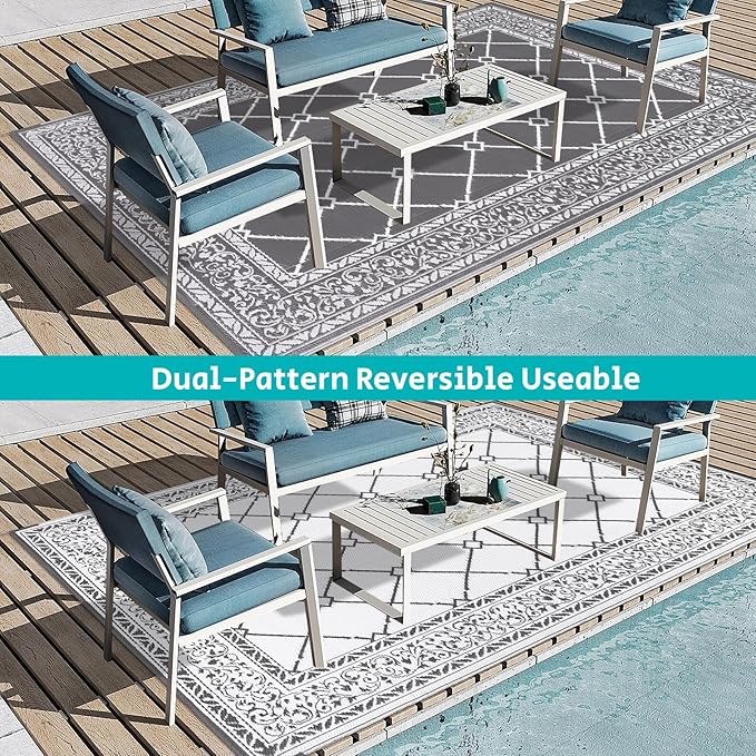 HEBE Outdoor Rug Waterproof 6x9, Reversible Plastic Straw Rug RV Camping Rug, Indoor Outdoor Patio Mat Clearance, Outside Carpet for Porch,Deck,Camper,Balcony,Backyard,Picnic