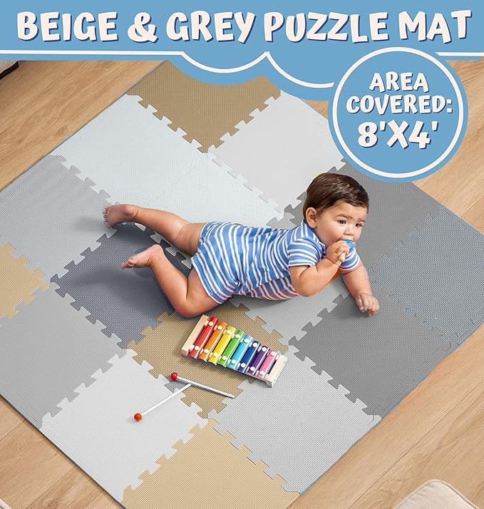 TOYVELT Foam Puzzle Floor Mat for Kids 12x12-32 Interlocking Play Mat Tiles with Colors - Educational Large Puzzle Foam Floor Tiles for Crawling, Non-Toxic - Cream-Gray-Beige