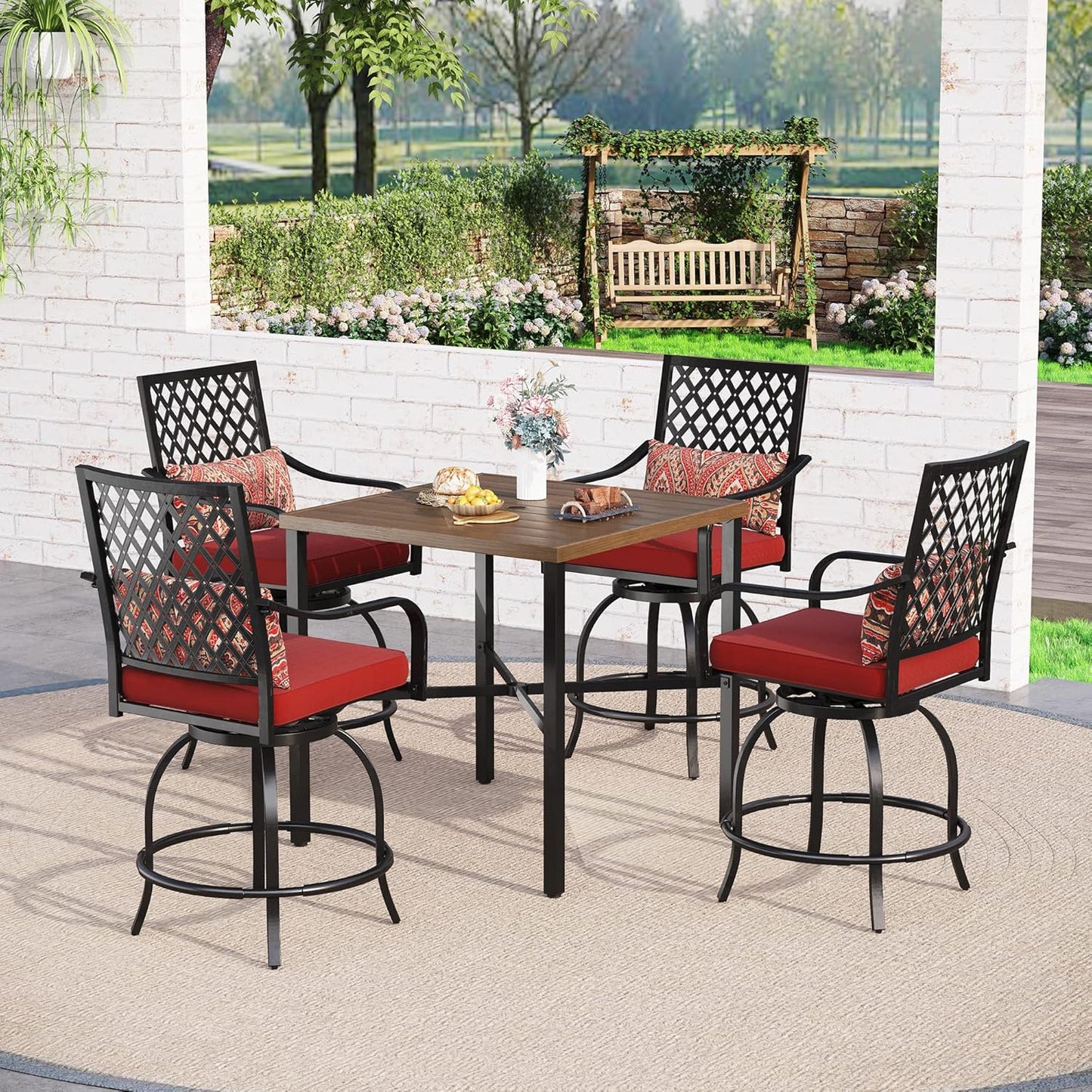 Sophia & William Outdoor Patio Bar Set 5 Piece High Dining Table and Chairs Furniture Set-4 Swivel Bar Stools with Red Cushion and 1 Square Bar Height Table with Hand-Painted Metal Top