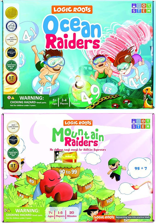Addition Games - Pack of 2, Mountain Raiders and Ocean Raiders, Math Board Games and STEM Toys for 5- 9 Year Olds, Educational Gift for Kids, Homeschoolers, Kindergarten and Up
