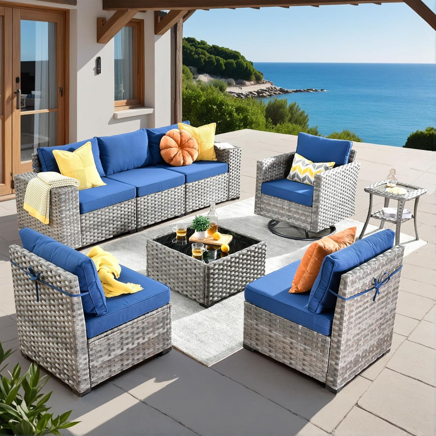 ovios 8 Pieces Patio Furniture Set, Outdoor Wicker Sectional Sofa with Swivel Chair Coffee Table, Modern Modular Deep Seat Rattan Couch Conversation Sets, Navy Blue
