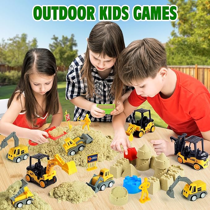Sand Construction Kit with Big Foldable Sandbox and 2.2lbs Magic Sand, Truck Toys Including Castle Molds and Other Accessories - 36Pc Set for Kids 3+