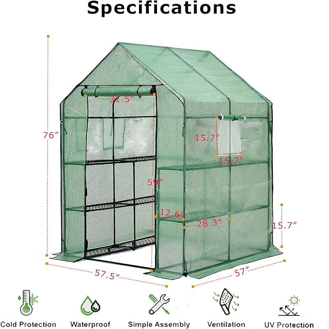 Walk-in Greenhouse w/ Roll-Up Zipper Door & Screen Windows-3 Tiers 12 Shelves 56x56x76“ PE Greenhouse for Outdoor Gardening Plants Cold Frost Protection Wind Rain Proof(PLGHW002G-N)