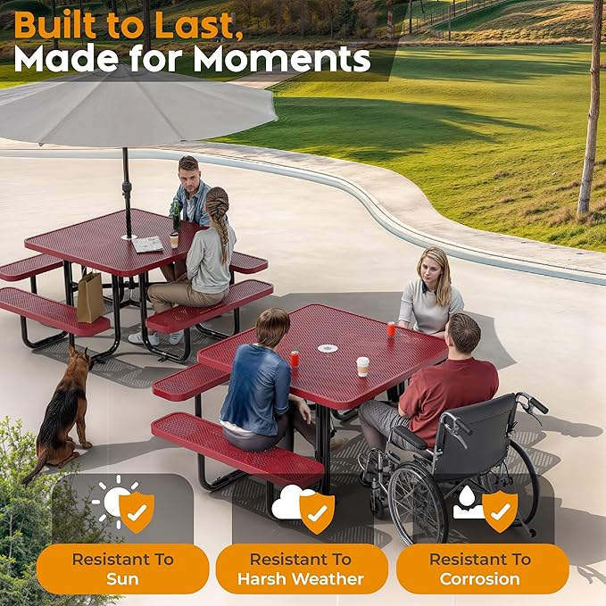 Metal Picnic Tables for Outdoors with Umbrella Hole - Coated Steel Heavy Duty Commercial Grade Table with Adjustable Seats (Red, 46 in, Square, Punched Steel)
